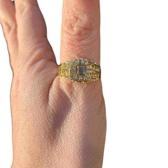 Gold Statement‎ Ring Pave Rhinestone Square Cocktail Ring Band - Picture 1 of 1